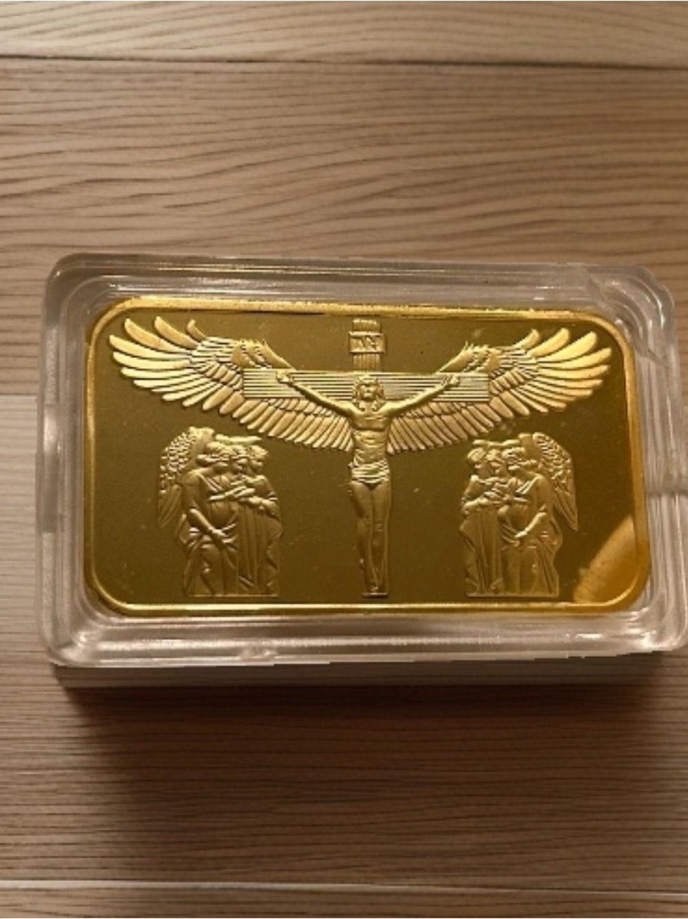 Gold Tone Rectangular Winged Jesus on the Cross.